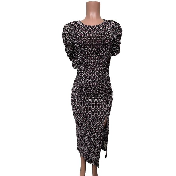 Free People Briella Short Sleeve Ruched Midi Dress Women's Sz XS Black Combo NWT - Picture 1 of 12